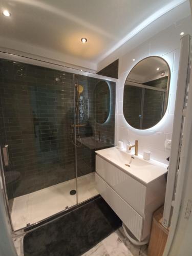 une salle de bain avec une douche, un lavabo et un miroir dans l'établissement Bell Appartement Cannes, à Cannes