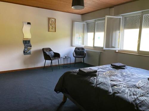 1 Schlafzimmer mit einem Bett, 2 Stühlen und Fenstern in der Unterkunft le Relais du Doubs in Soubey