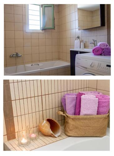 a bathroom with a sink and a basket of towels at LEVANDA PAROS HOUSE in Kampos Paros