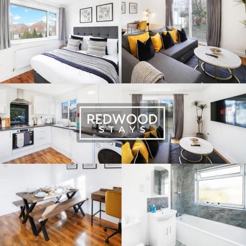 a collage of photos of a bedroom and a living room at Cosy 3-Bedroom Serviced House with Free WiFi and Parking By Redwood Stays in Farnborough