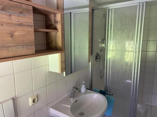 a bathroom with a white sink and a shower at Hansenbauernhof in Ruhpolding