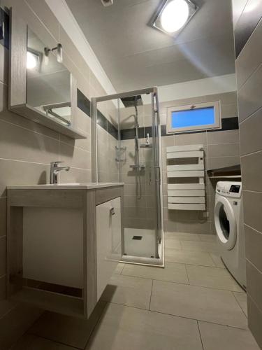 une salle de bain avec un lavabo et une machine à laver dans l'établissement Chez ma tante, à Méneslies