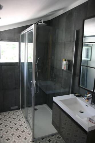une salle de bain avec douche et lavabo dans l'établissement Castellet, Mas provençal, piscine dans les vignes, à Laouque