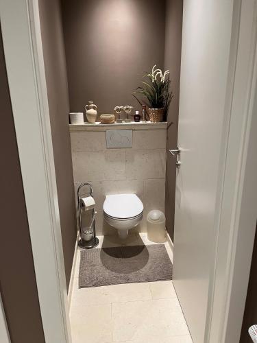 a bathroom with a toilet with a shelf above it at Ferienwohnung Bergblick in Kössen