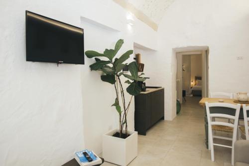 a living room with a tv and a potted plant at Mediterranee Suite in Lecce