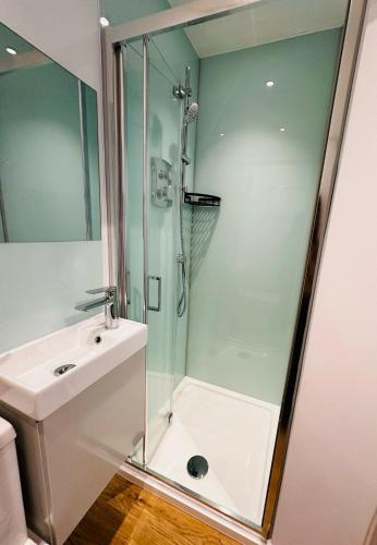 a bathroom with a shower and a sink at Upper Rock Brighton Apartments in Brighton & Hove