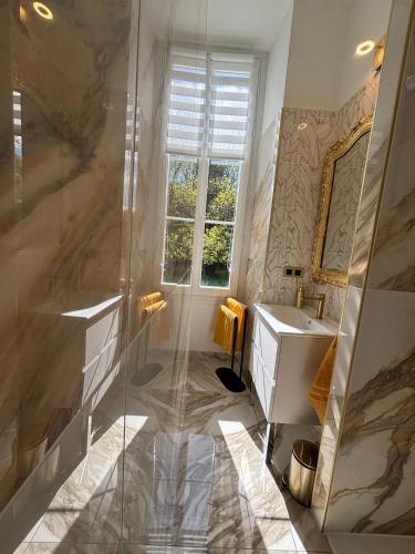 a bathroom with a shower and a sink and a mirror at La maison au cèdre in Marsac-sur-lʼIsle