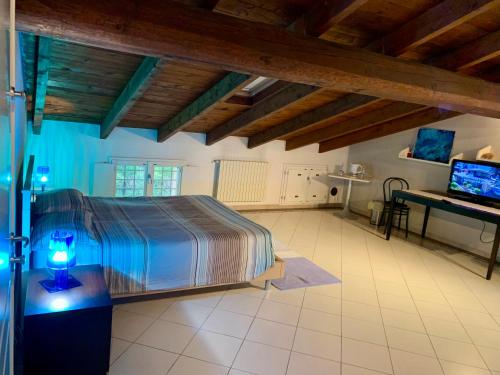 a bedroom with a bed and a desk with a television at VILLA CAMPESTRE in Colombaro