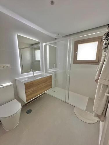 a bathroom with a toilet and a sink and a mirror at Villa de lujo en playamar in Torremolinos