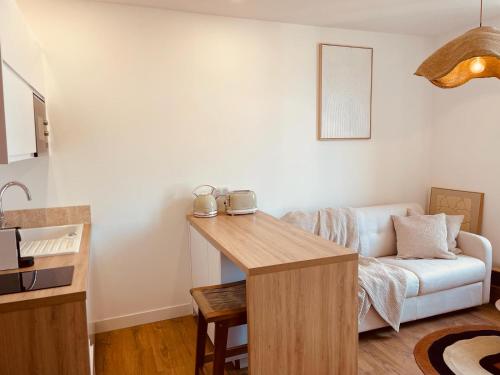 une cuisine et un salon avec un canapé et une table dans l'établissement Appartements Hotel le G, à Nice