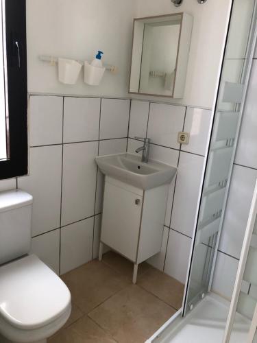 a small bathroom with a sink and a toilet at Las Buganvillas 77 in Playa Blanca