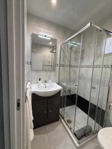 uma casa de banho com um lavatório e um chuveiro em Apartamento Arena em Ribadesella