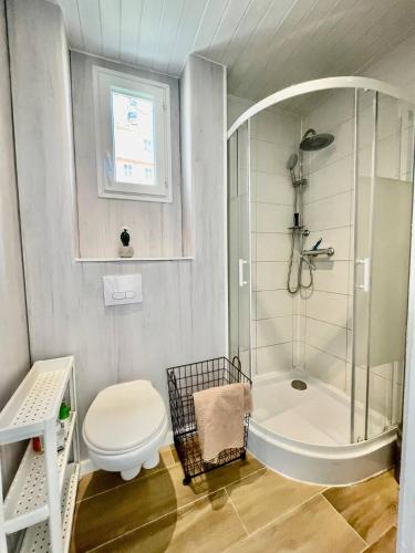 une petite salle de bain avec douche et toilettes dans l'établissement Charming T2 - 2 Minutes Walk From Monaco, à Beausoleil