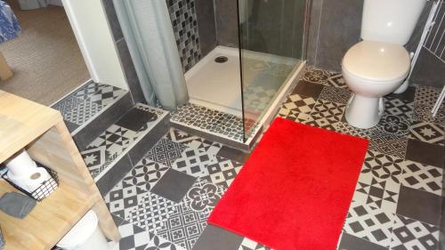La salle de bains est pourvue d'une douche, de toilettes et d'un tapis rouge. dans l'établissement T2 au calme avec terrasse sur le bassin d'Arcachon, à Gujan-Mestras