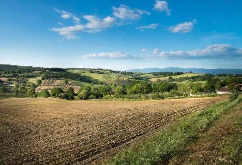 an empty field in a field with trees and mountains at Agriturismo Piano Grande in Avigliano