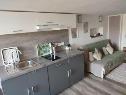 un salon avec un canapé et une cuisine dans l'établissement Studio 30 m 2 avec terrasse et coin détente, à Cagnes-sur-Mer