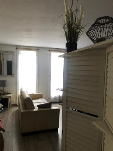 - un salon avec un canapé, une table et 2 fenêtres dans l'établissement Appartement de la fontaine, à Bry-sur-Marne