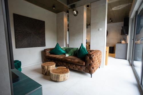 a living room with a brown couch with green pillows at SAUERLAND CHALETS - "Die Chalets Herzenssache" in Winterberg