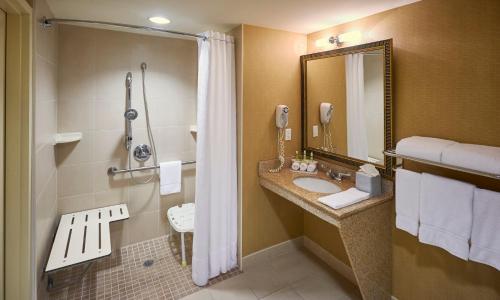een badkamer met een wastafel en een douche bij Holiday Inn Express & Suites Huntsville, an IHG Hotel in Huntsville