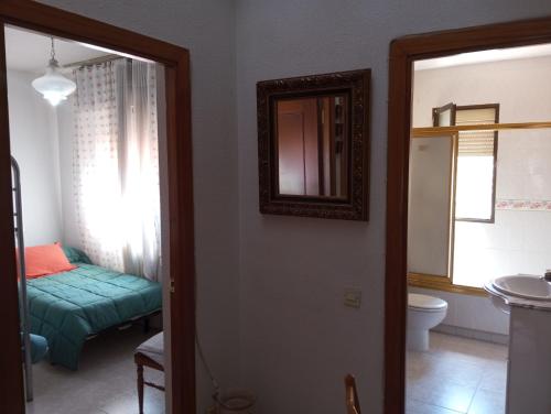 a bathroom with a toilet and a sink and a mirror at Habitacion Privada Triple Toledo in Toledo