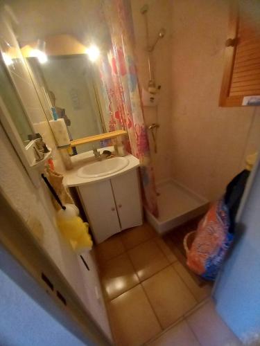 une petite salle de bain avec un lavabo et une douche dans l'établissement HOLIDAYLAND CALAMAR PAVILLON T2 6 couchages climatisé Narbonne Plage, à Narbonne-Plage