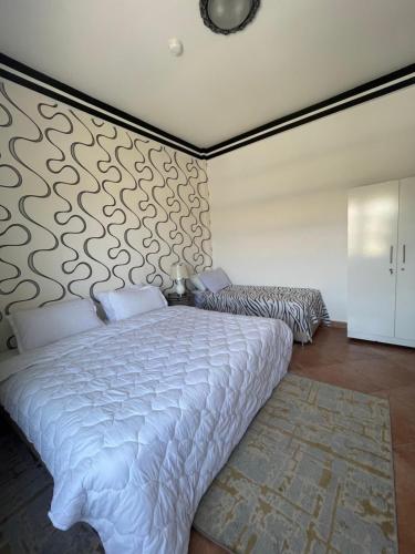 um quarto com uma cama grande e uma parede em Banana Surf House em Tamri