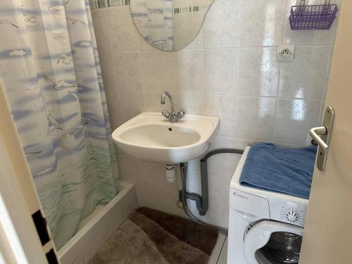 une salle de bain avec un lavabo et une machine à laver dans l'établissement HOLIDAYLAND 202 VILLA T3 MEZZANINE 6 couchages NARBONNE PLAGE, à Narbonne-Plage