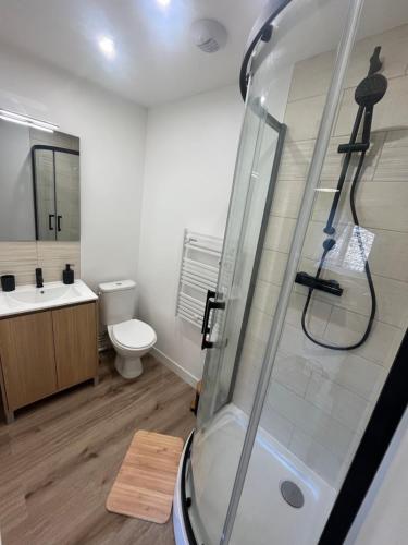 une salle de bain avec douche et toilettes dans l'établissement La vintage ETRETAT, à Fécamp