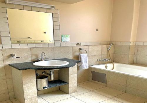 a bathroom with a sink and a tub and a mirror at Mapungubwe Apartments in Johannesburg