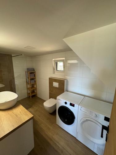 a bathroom with a washing machine and a sink at Špan Cottage in Jesenice