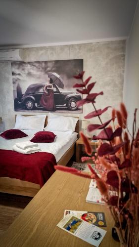 a bedroom with a bed and a car on the wall at Santa Fe in Suceava