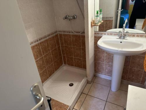 La salle de bains est pourvue d'un lavabo et d'une cabine de douche. dans l'établissement HOLIDAYLAND 323 VILLA T2 MEZZANINE 8 couchages climatisé NARBONNE PLAGE, à Narbonne-Plage