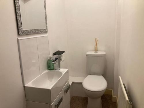 a white bathroom with a toilet and a sink at Guest Homes - Hunters Wood Court in Euxton