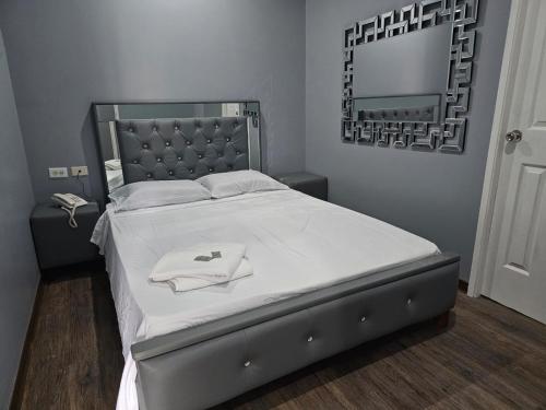 巴拿馬城的住宿－RESIDENCIAL LA MALVARROSA，卧室配有一张大床,墙上装有镜子