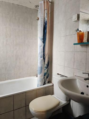 une salle de bain avec toilettes, baignoire et lavabo dans l'établissement Appartement duplex indépendant de 46m2, à Nanterre