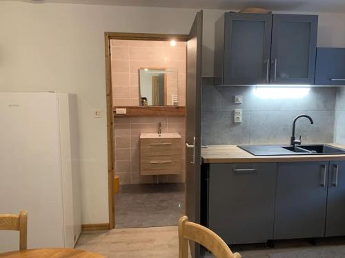 une cuisine avec un évier et un plan de travail dans l'établissement Appartement 2/4 personnes, à Bussang