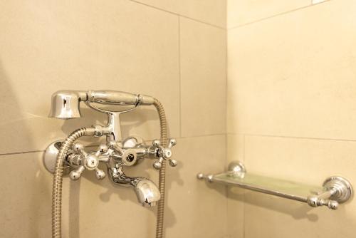 a shower in a bathroom with a shower head at Pauvre Maison with sea View in Chrisopigi
