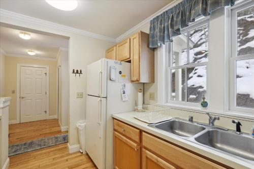 a kitchen with a sink and a refrigerator at Northern Lights in Stowe