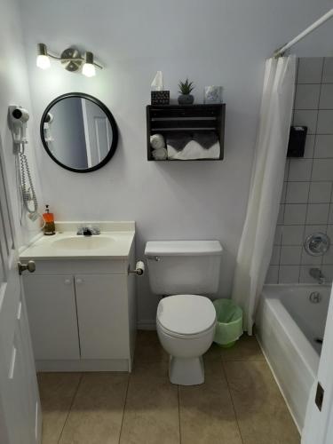 uma casa de banho com um WC, um lavatório e um espelho. em Motel Cabano-Relais em Cabano