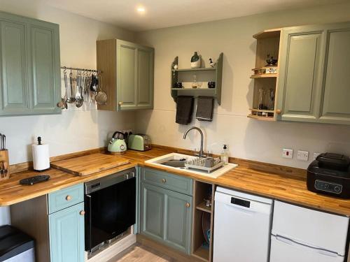 uma cozinha com armários verdes e um lavatório em Family friendly rural idyll with space for tents em Wittersham
