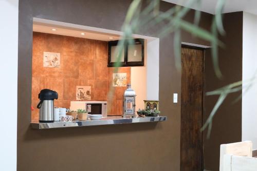 a kitchen with a counter with a microwave at Hotel Quebrachales in San Salvador de Jujuy