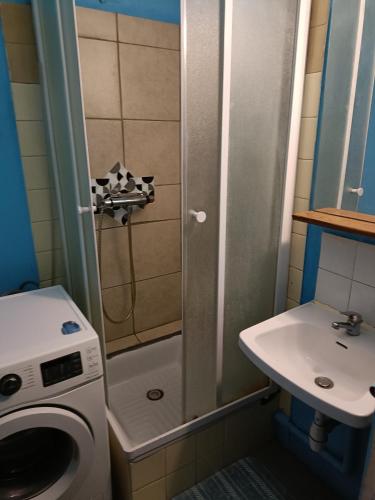 une petite salle de bains avec un lave-linge et un lavabo dans l'établissement Magnifique T2 avec double séjour, à Avignon