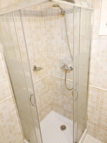 a shower with a glass door in a bathroom at Sentir Galicia Apartamentos in Redondela