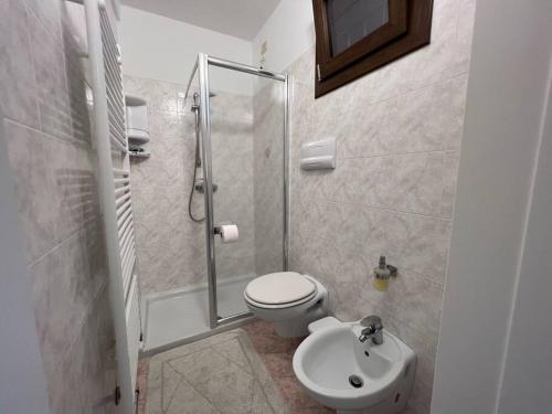 a bathroom with a shower and a toilet and a sink at Casa Duilia centro storico in Padenghe sul Garda