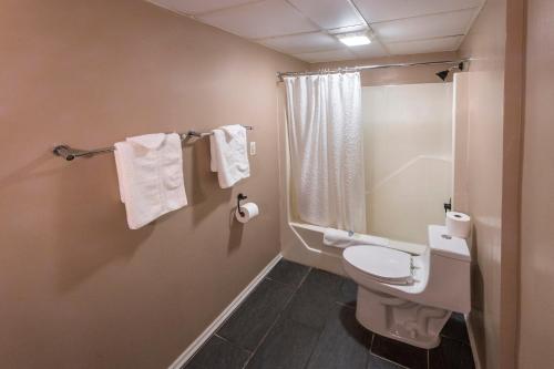 a bathroom with a toilet and a shower with towels at Sunrise Inn Hershey in Hershey