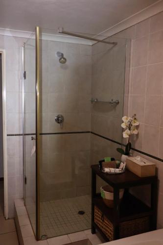 a shower with a glass door in a bathroom at The Leopard Tree in Polokwane