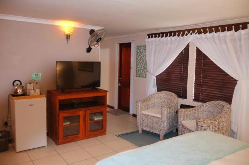 a living room with a television and two chairs at The Leopard Tree in Polokwane