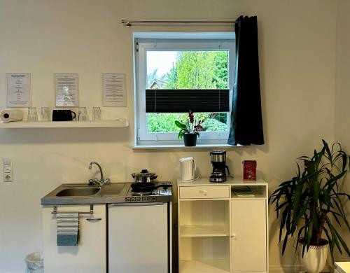 a small kitchen with a sink and a window at Ferienapartment am Glück in Bad Zwischenahn