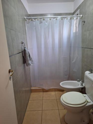 a bathroom with a shower with a toilet and a sink at Terroir Ferrari in Mendoza