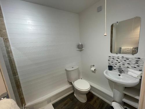a white bathroom with a toilet and a sink at Gorey retreat main house in Gorey